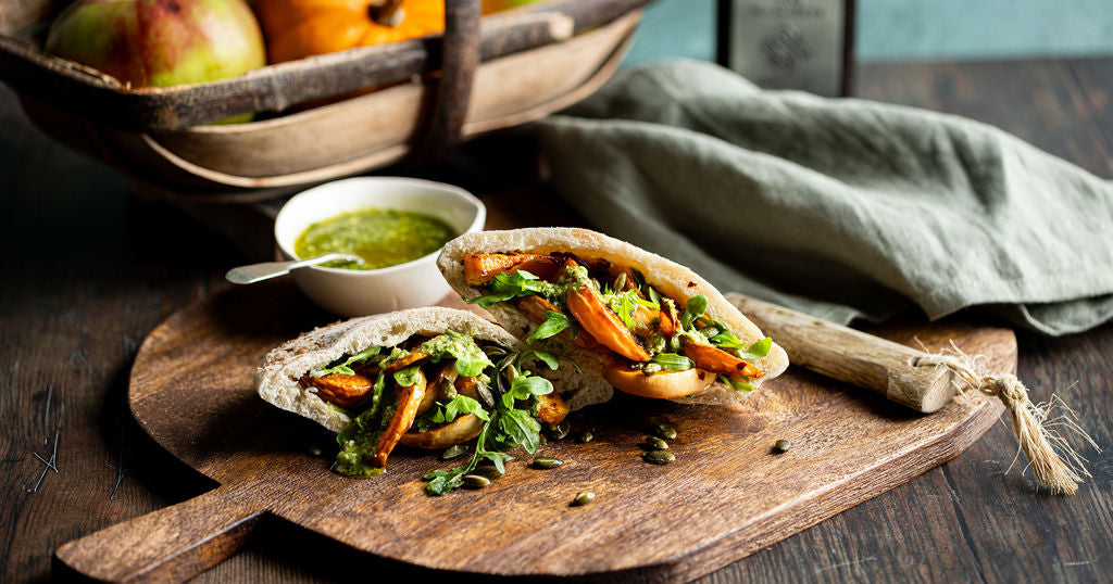 Rustic roasted pumpkin pitta sandwich